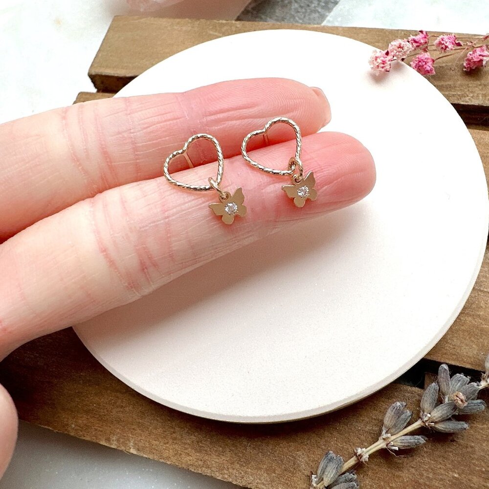 14k Gold Filled Sparkly Heart Stud with Mini Butterfly Charm Earrings